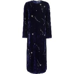 Fleurs DOrient blue crew neck long dress with all-over floral embroidery in velvet for women