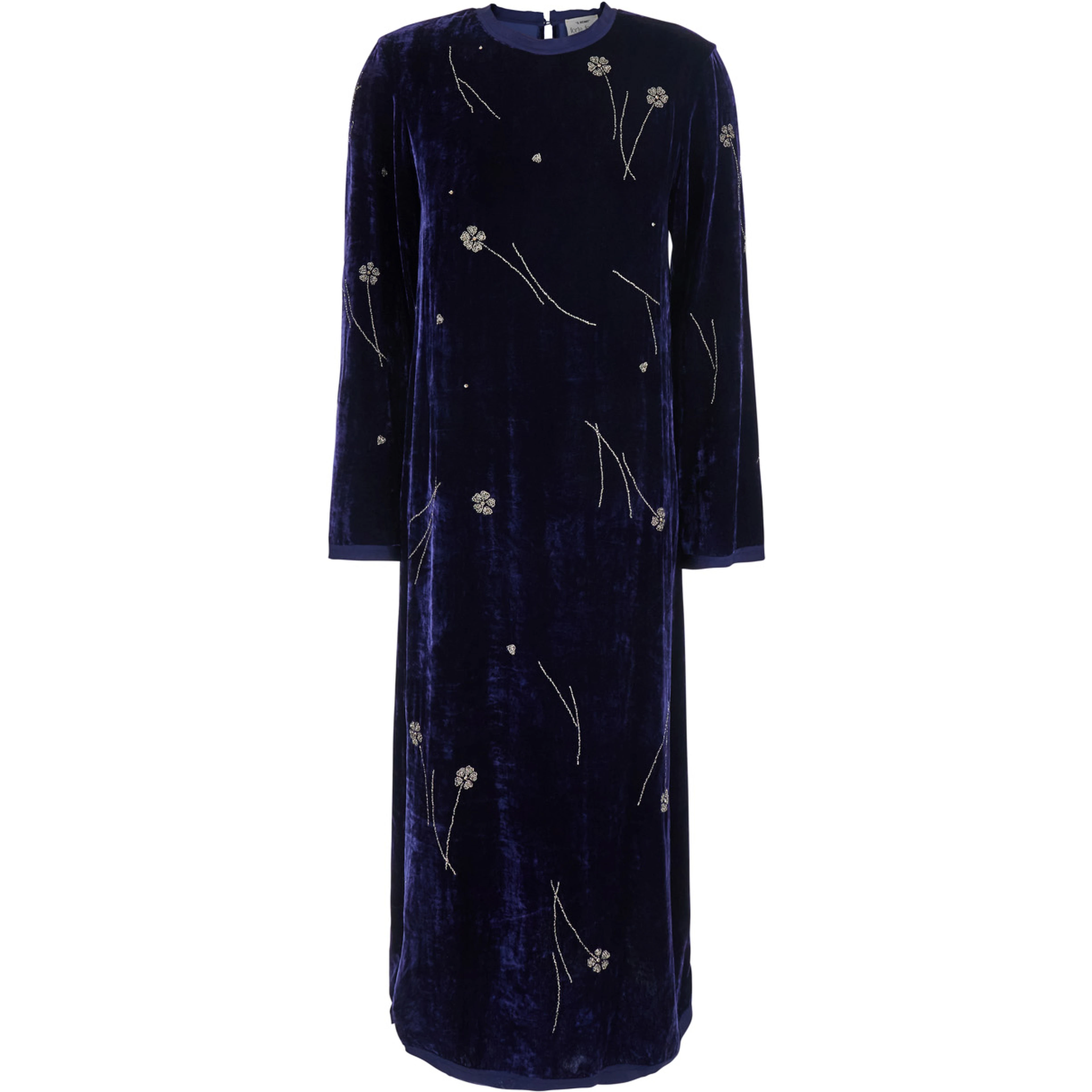 Fleurs DOrient blue crew neck long dress with all-over floral embroidery in velvet for women