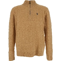 Cable-Knit Quarter-Zip Sweater with Zip Collar in Beige for Men