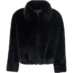 Black short shearling jacket with classic collar and front zip closure in ecofur for women
