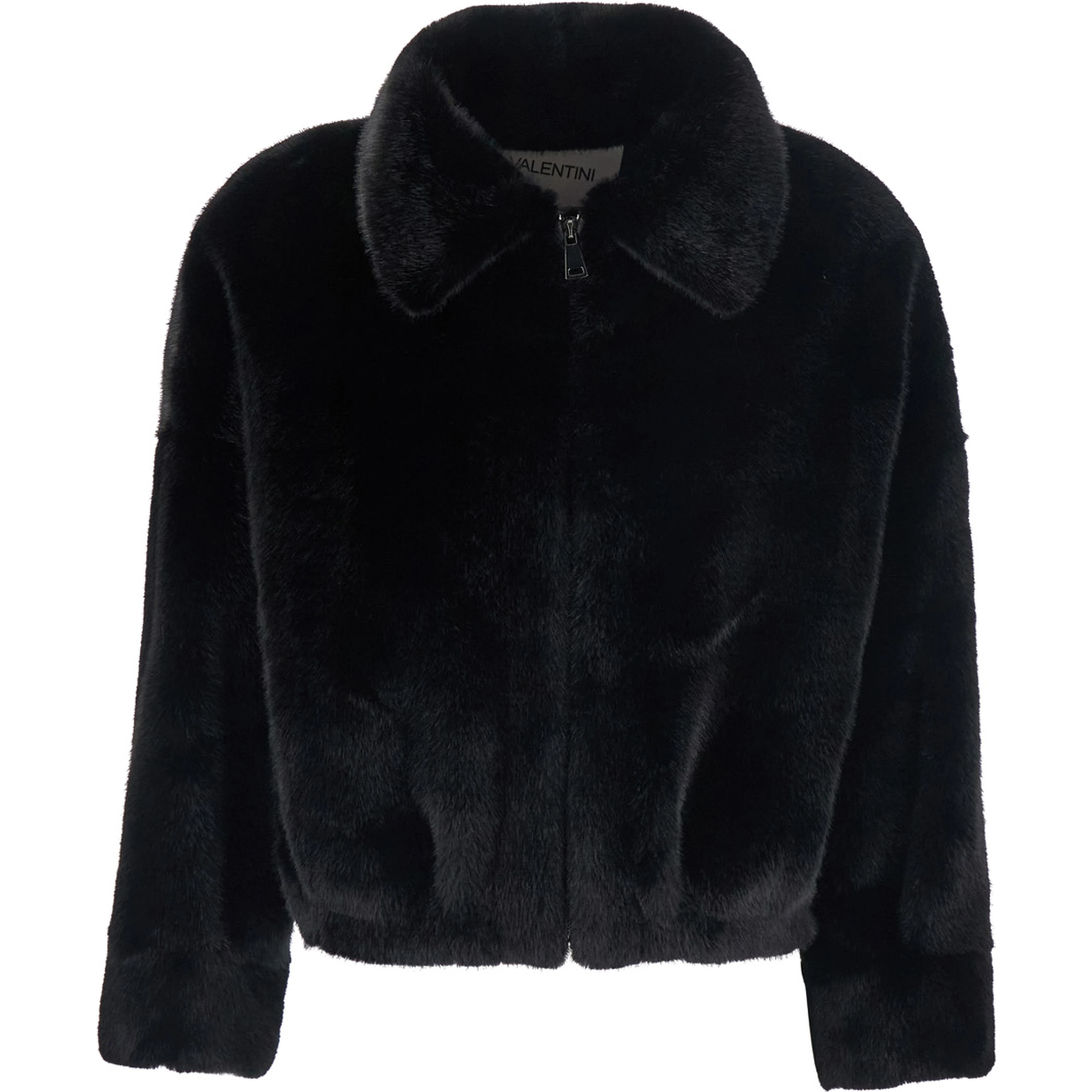 Black short shearling jacket with classic collar and front zip closure in ecofur for women