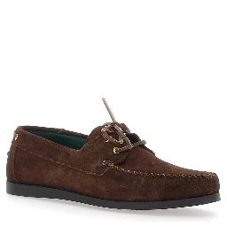 Brown Loafers with Rounded Toe and Strap in Suede for Men