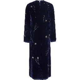 Fleurs DOrient blue crew neck long dress with all-over floral embroidery in velvet for women