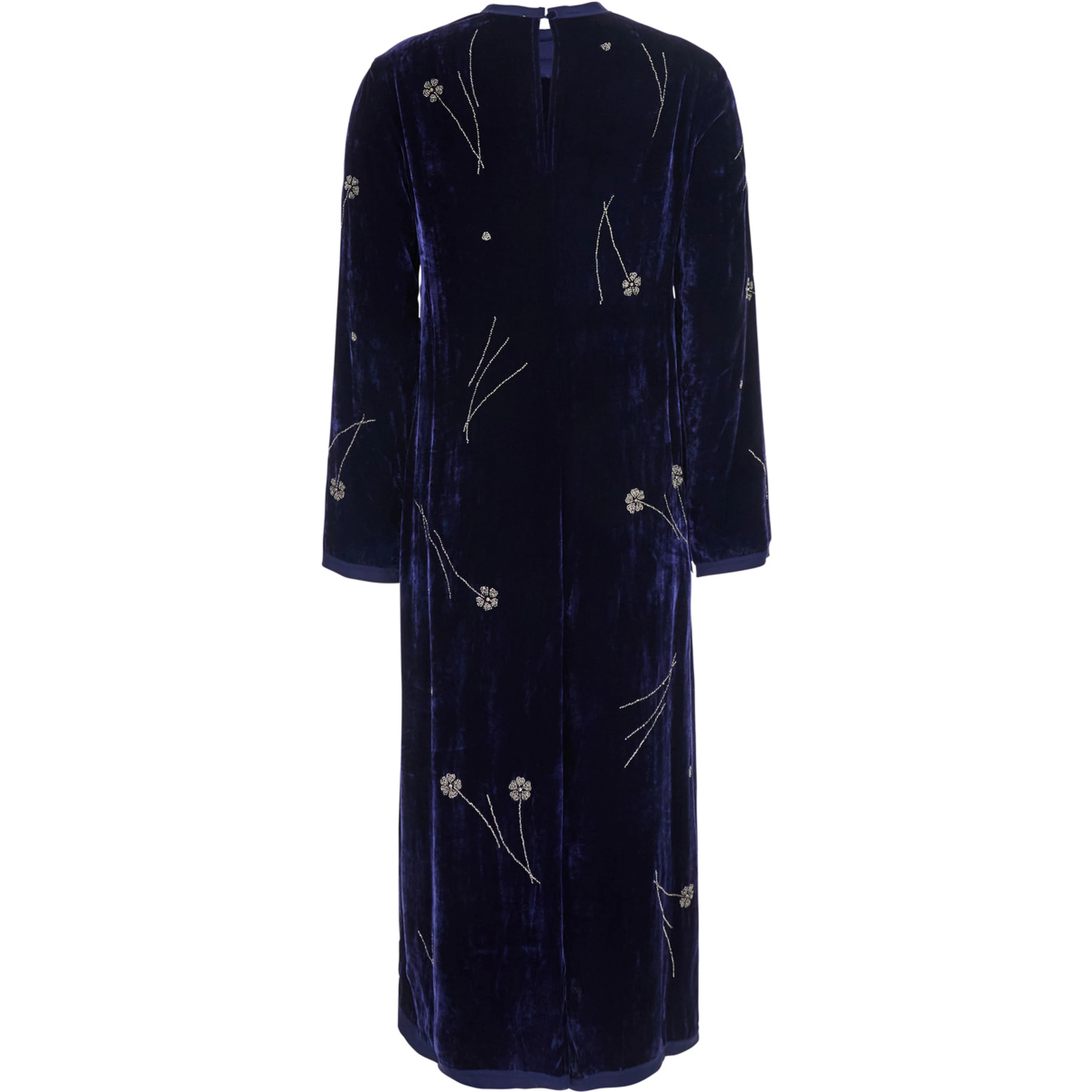 Fleurs DOrient blue crew neck long dress with all-over floral embroidery in velvet for women
