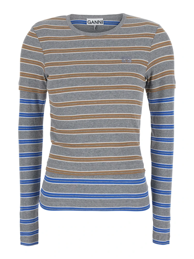 Long Sleeve Mesh Top with Blue Details