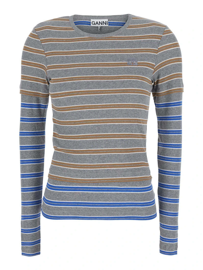Long Sleeve Mesh Top with Blue Details