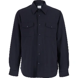 Blue Shirt with Pointed Collar and Button Closure in Wool Blend Men
