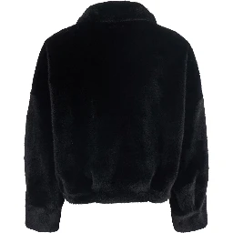 Black short shearling jacket with classic collar and front zip closure in ecofur for women