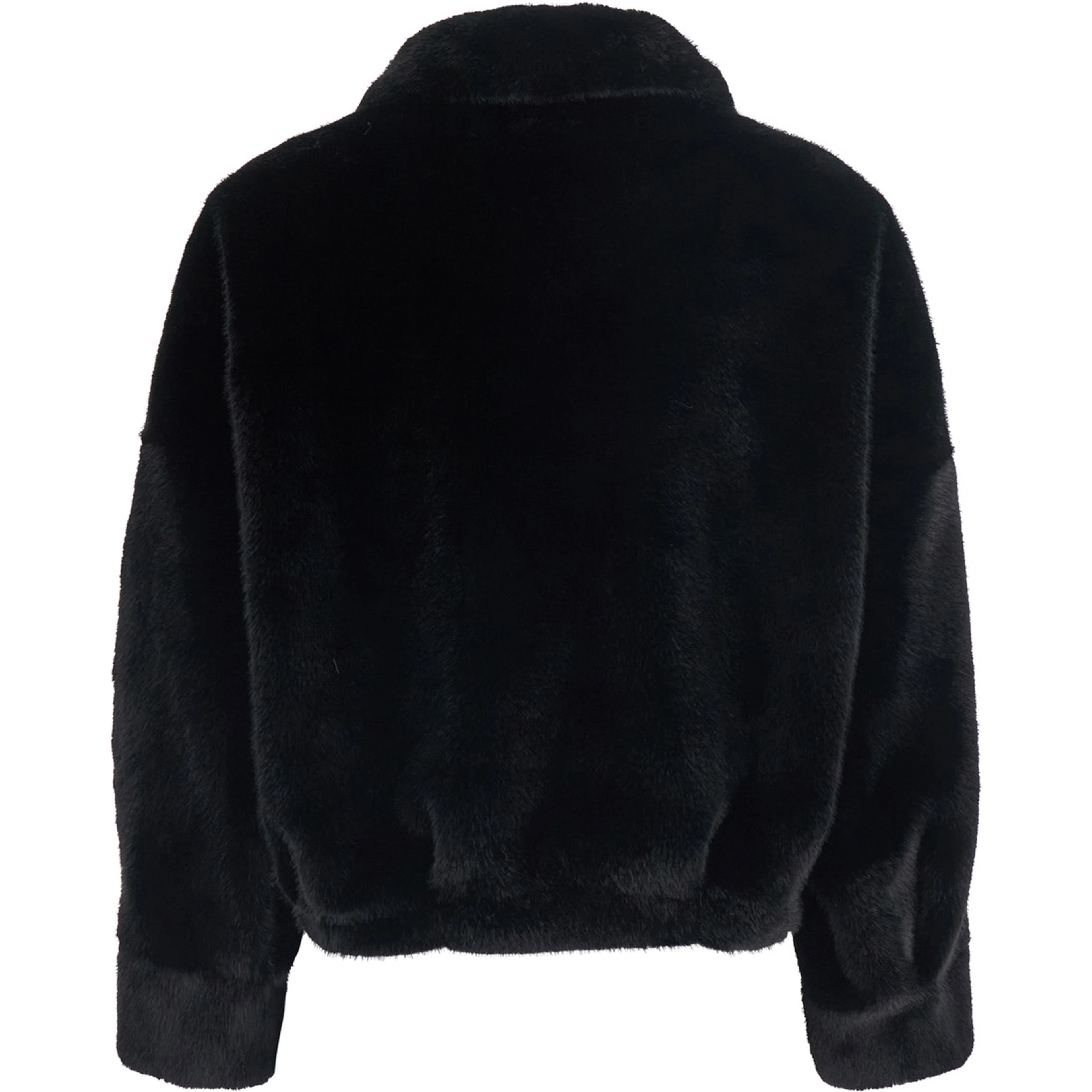 Black short shearling jacket with classic collar and front zip closure in ecofur for women