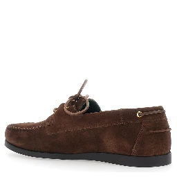 Brown Loafers with Rounded Toe and Strap in Suede for Men