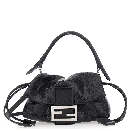 Baguette Black Shoulder bag with FF plate on the front and adjustable and removable strap in leather for women