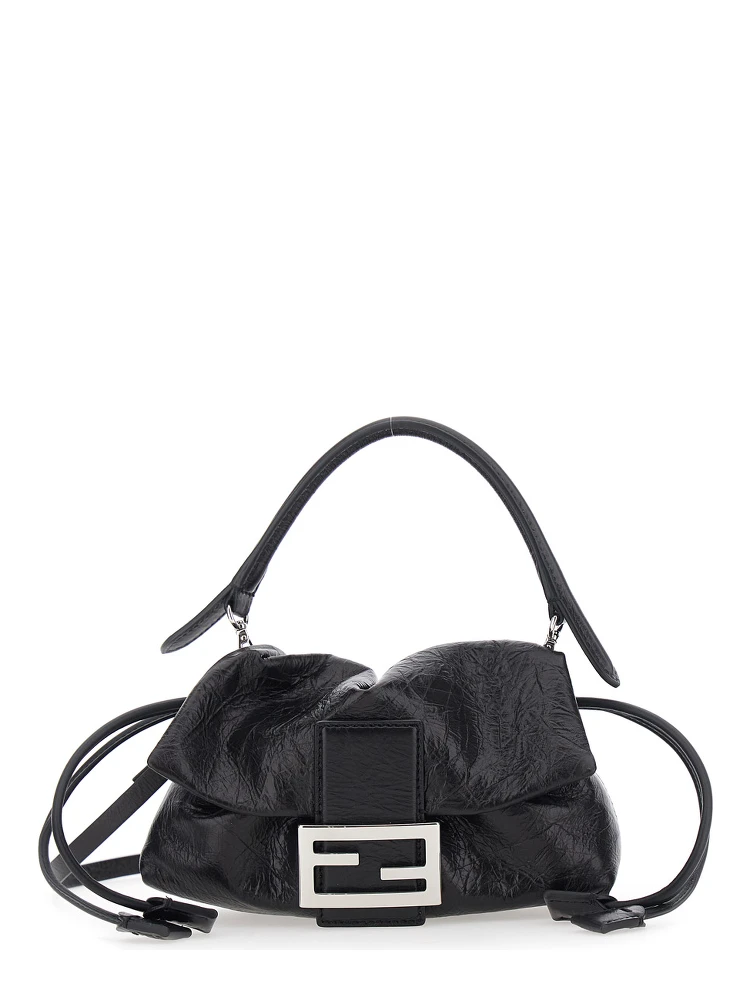 Baguette Black Shoulder bag with FF plate on the front and adjustable and removable strap in leather for women