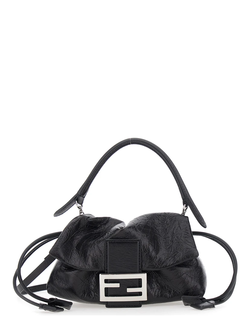 Baguette Black Shoulder bag with FF plate on the front and adjustable and removable strap in leather for women