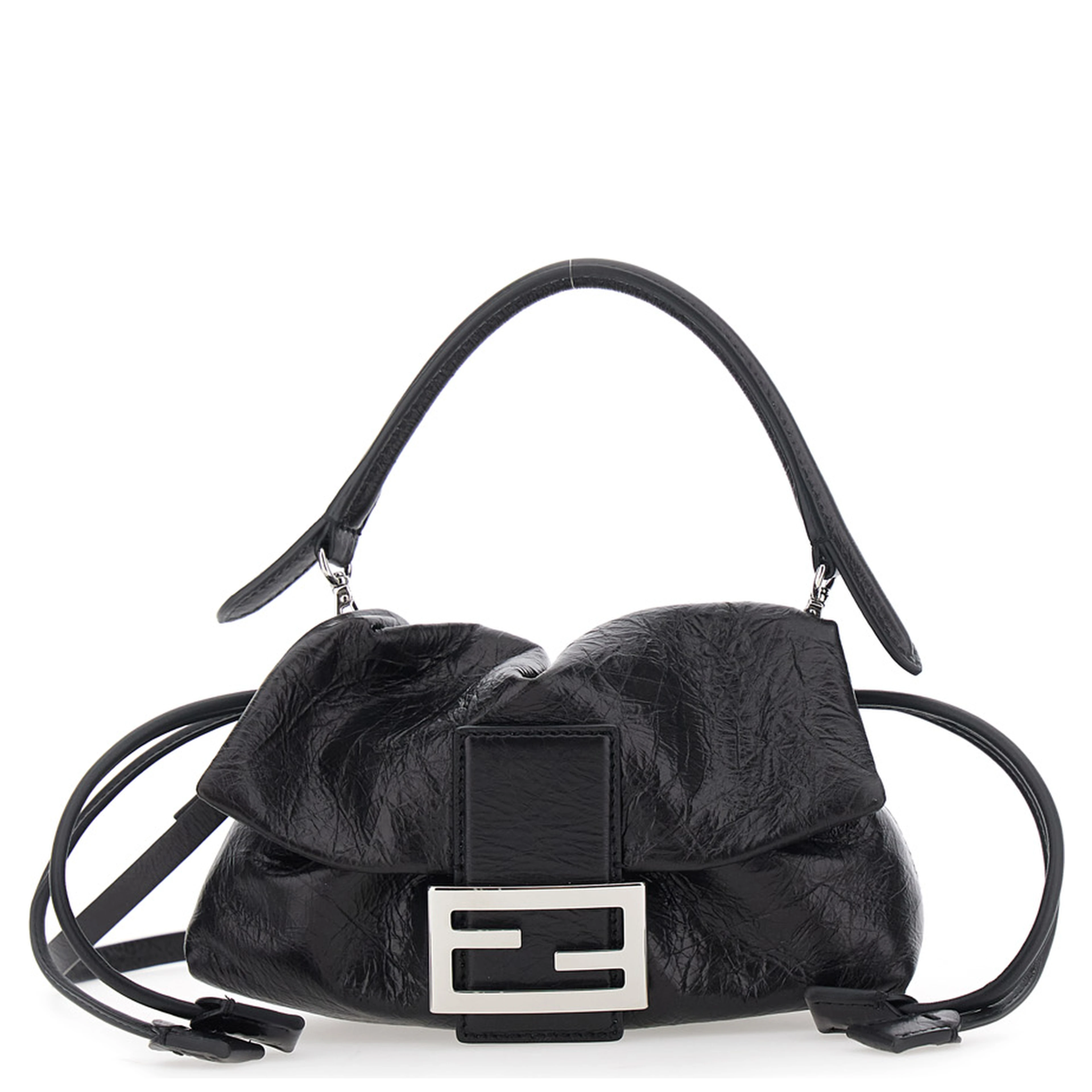 Baguette Black Shoulder bag with FF plate on the front and adjustable and removable strap in leather for women
