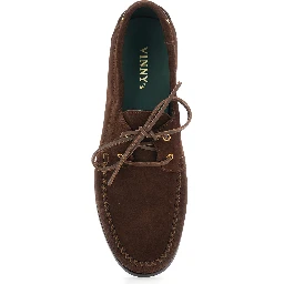 Brown Loafers with Rounded Toe and Strap in Suede for Men