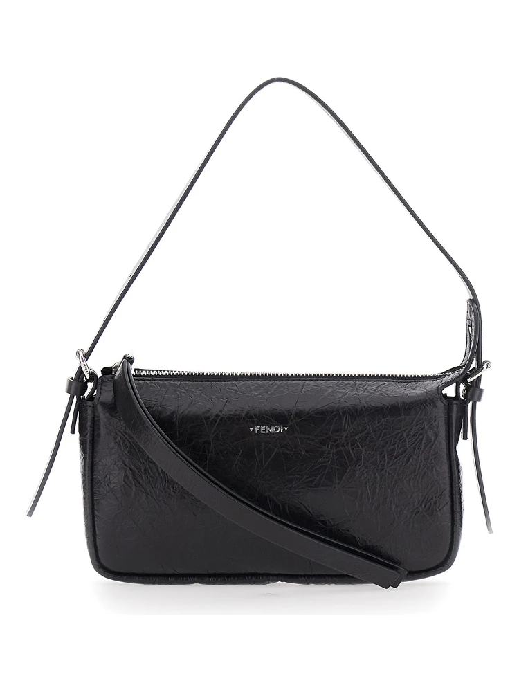 Zip Top Black Crossbody bag with adjustable and removable strap and FF logo on the front in leather for women