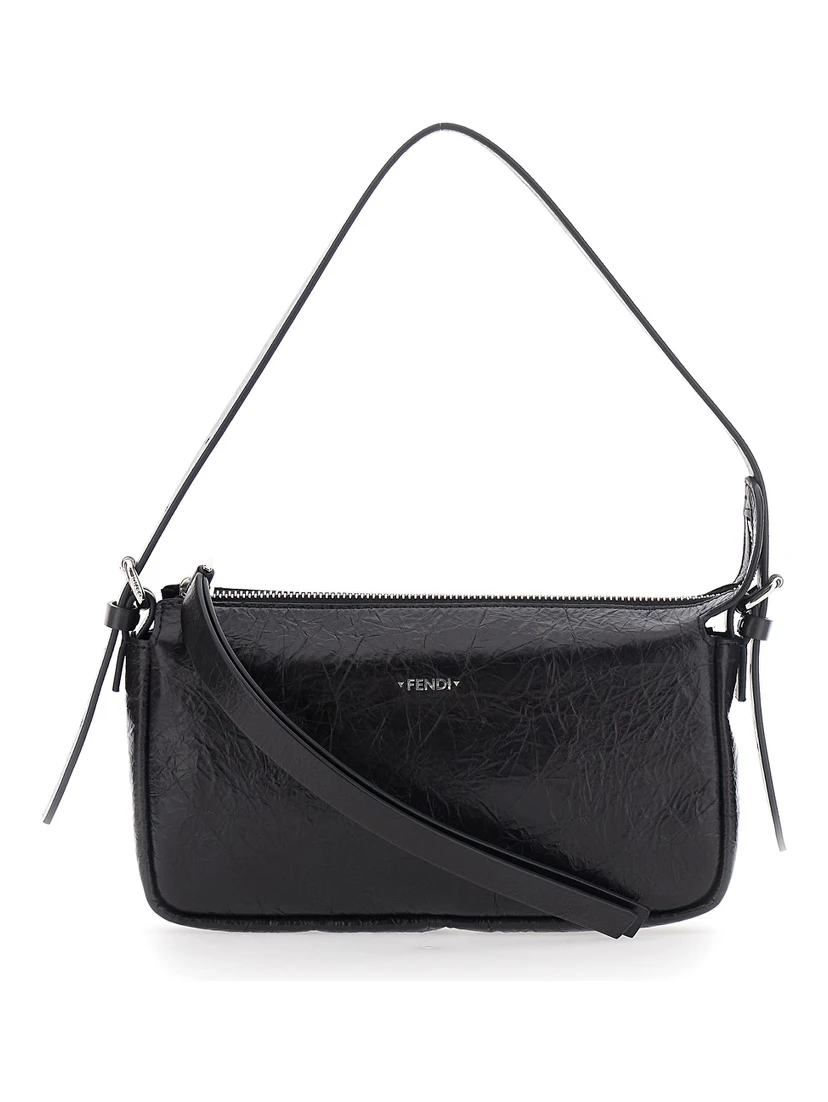 Zip Top Black Crossbody bag with adjustable and removable strap and FF logo on the front in leather for women