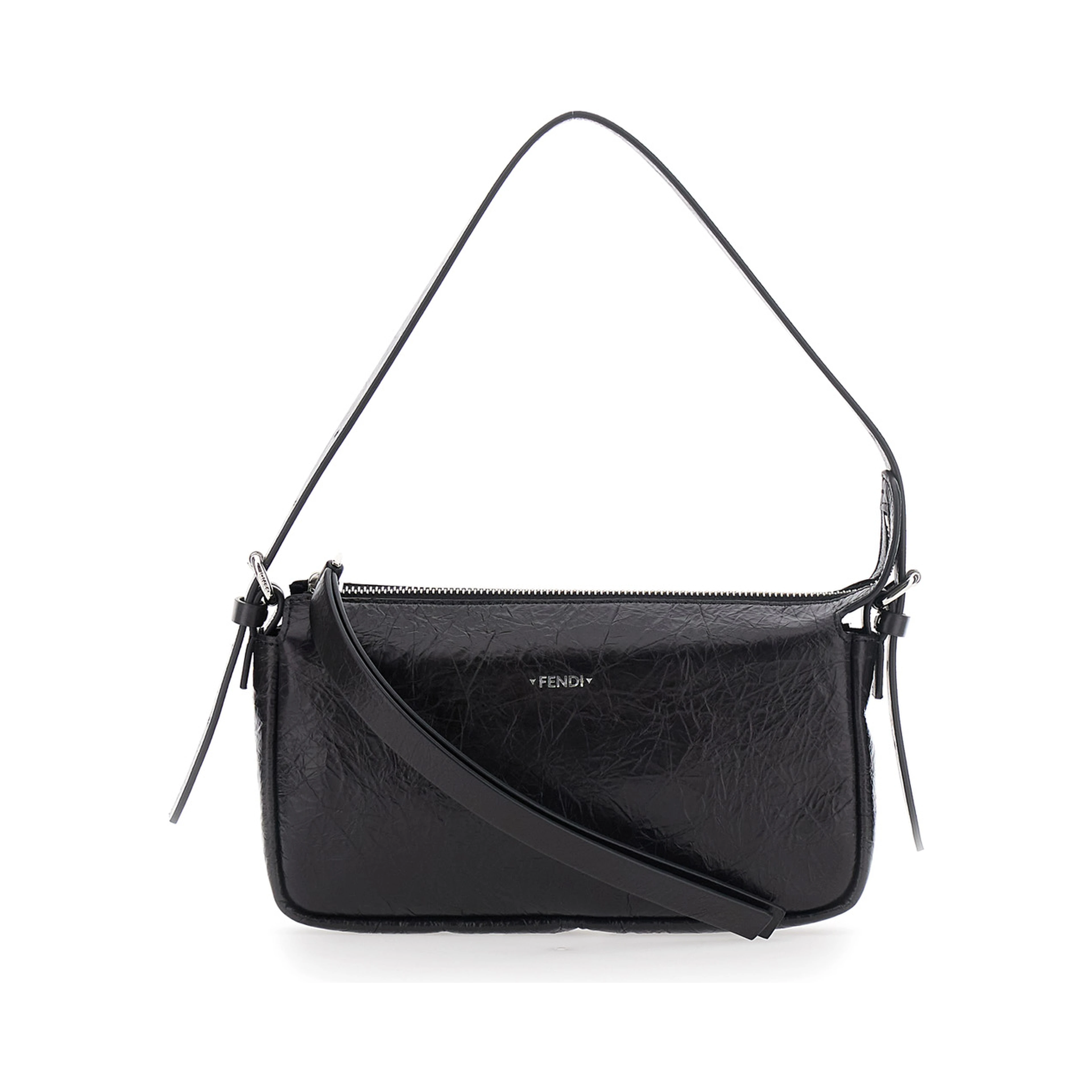Zip Top Black Crossbody bag with adjustable and removable strap and FF logo on the front in leather for women