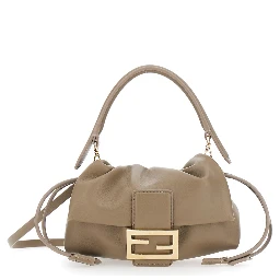 Baguette Soft Beige Small Shoulder bag with FF plate on the Front and Drawstring Closure in Leather for Women