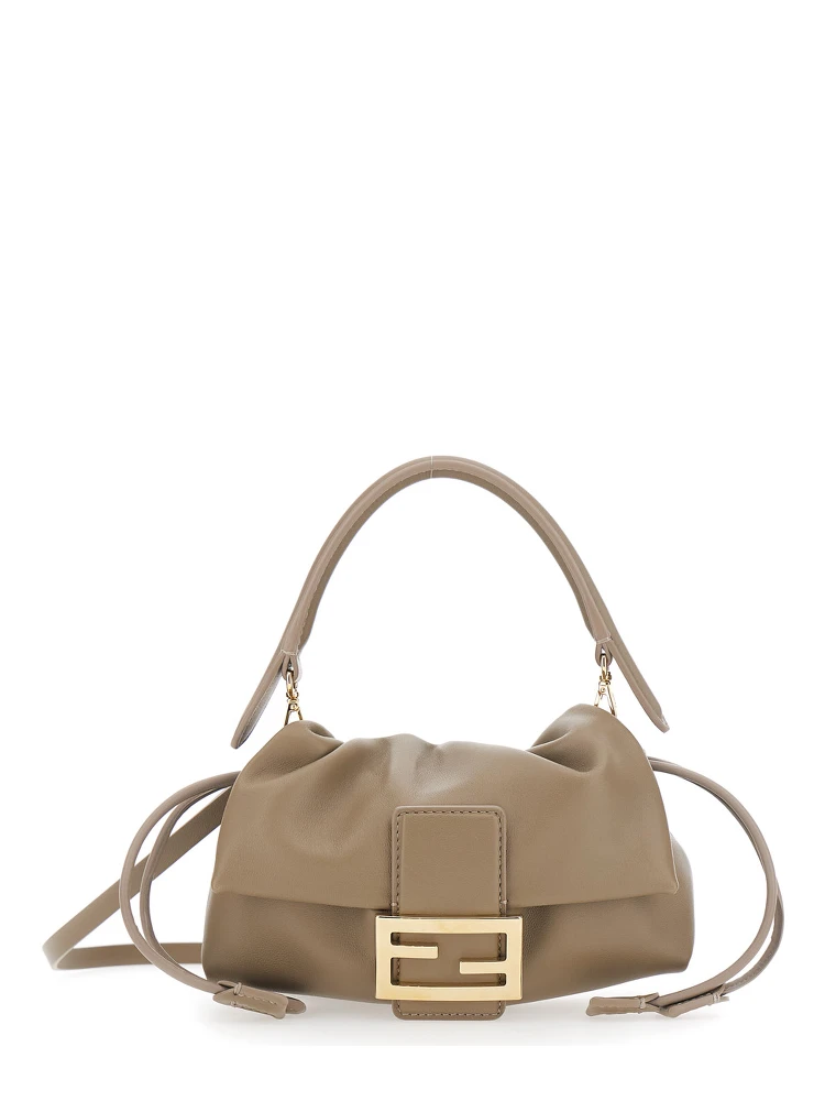 Baguette Soft Beige Small Shoulder bag with FF plate on the Front and Drawstring Closure in Leather for Women