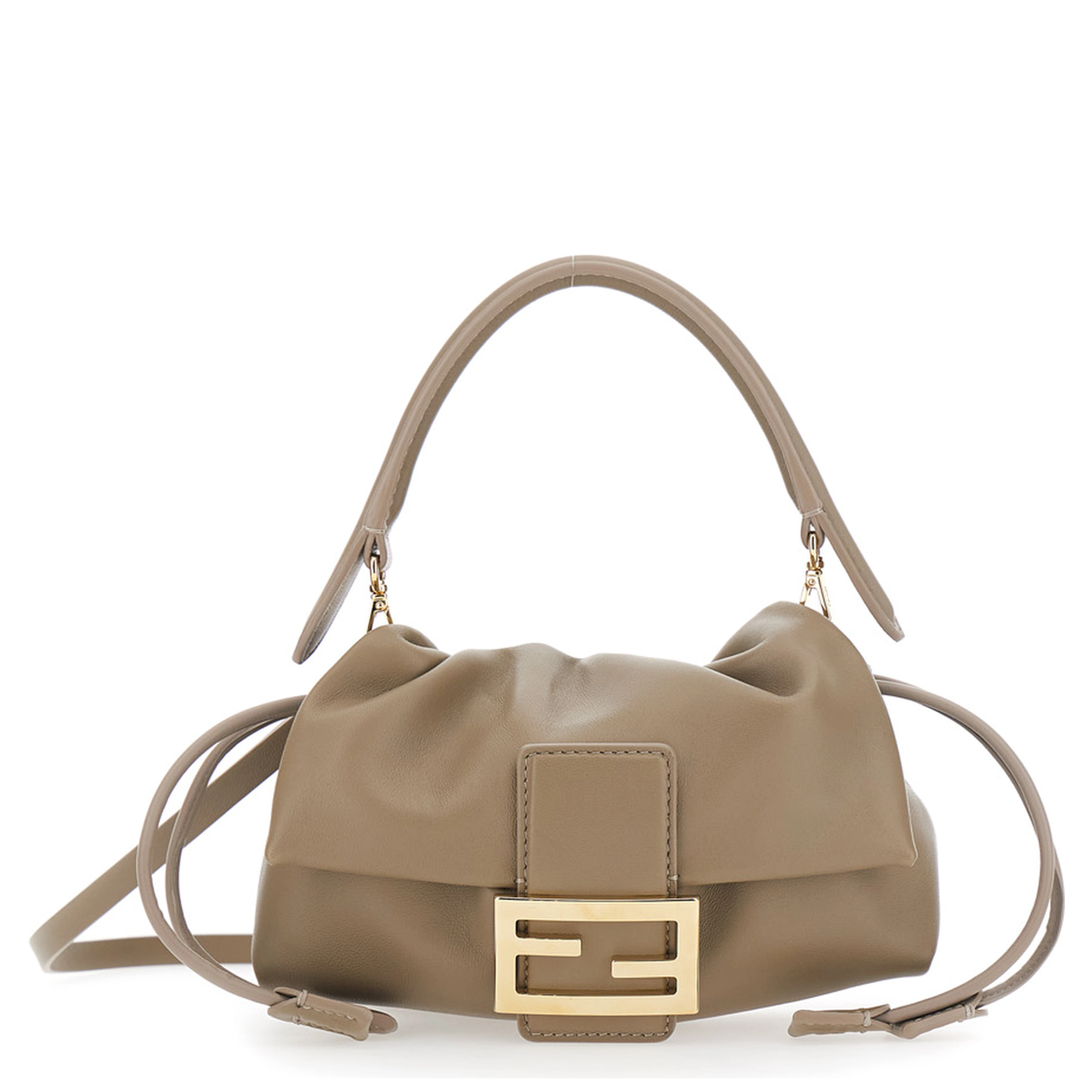 Baguette Soft Beige Small Shoulder bag with FF plate on the Front and Drawstring Closure in Leather for Women