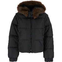 Godetia Brown Down jacket with hood with fur and quilted design in Tech Fabric Brown women