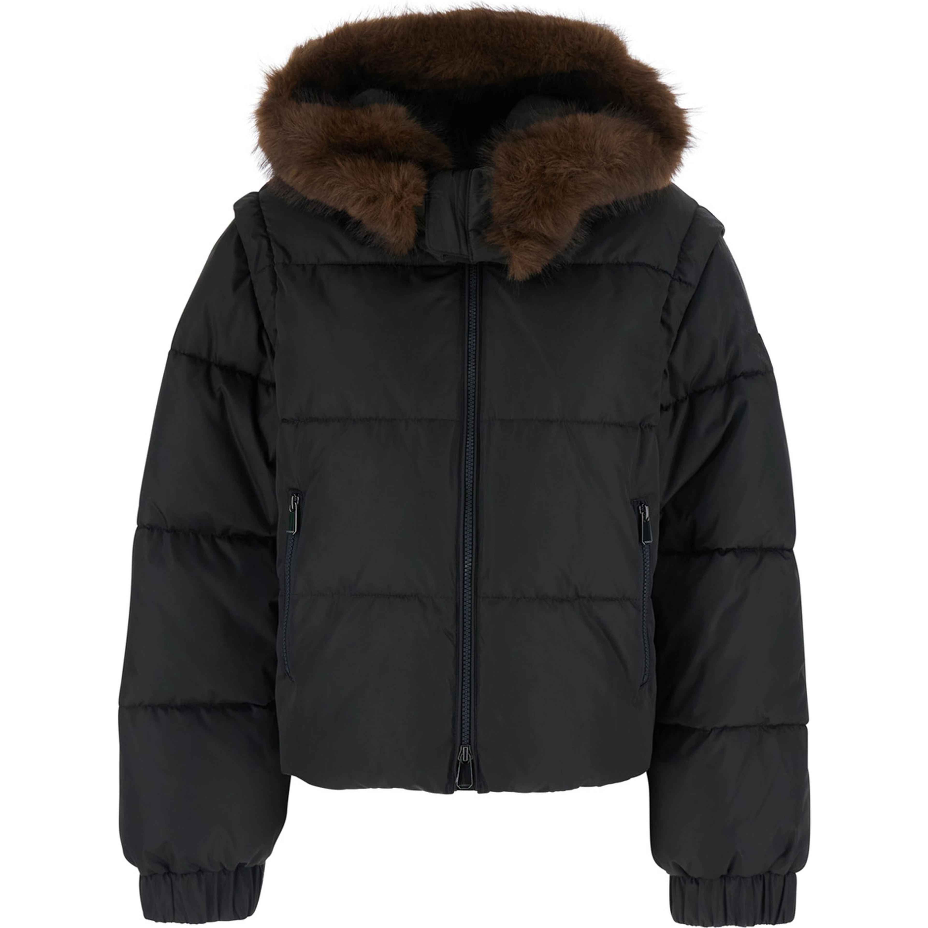 Godetia Brown Down jacket with hood with fur and quilted design in Tech Fabric Brown women