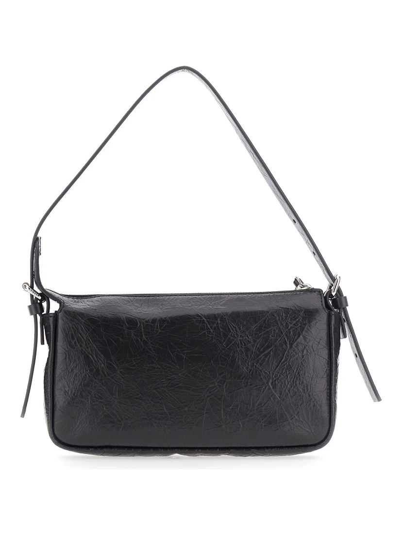 Zip Top Black Crossbody bag with adjustable and removable strap and FF logo on the front in leather for women