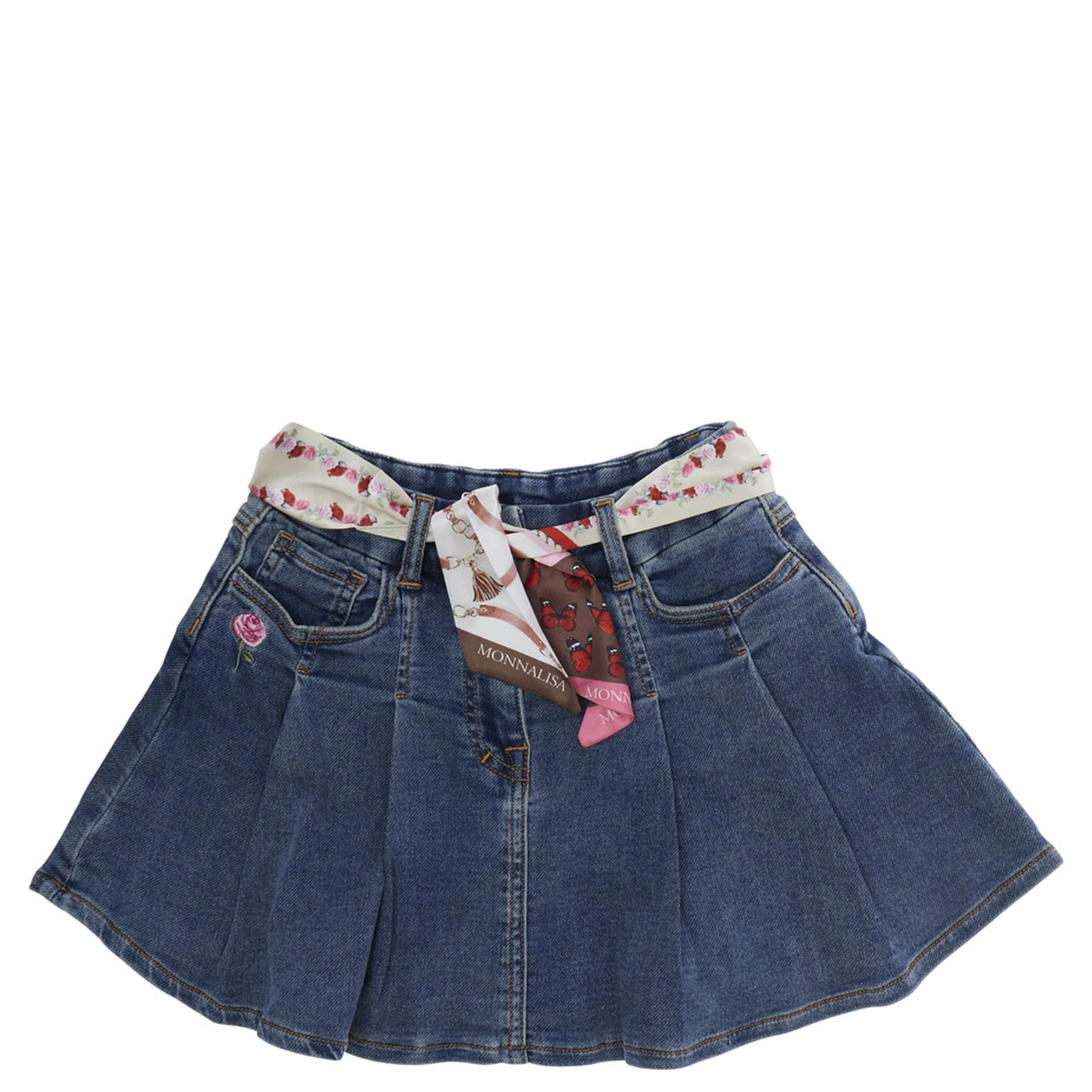 Blue Miniskirt with Fabric Belt and Logo Embroidery on the Back in Denim Girl