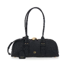 Bowling Horizontal Black handbag with adjustable and removable shoulder strap and Love Birds plate on the front in leather for women