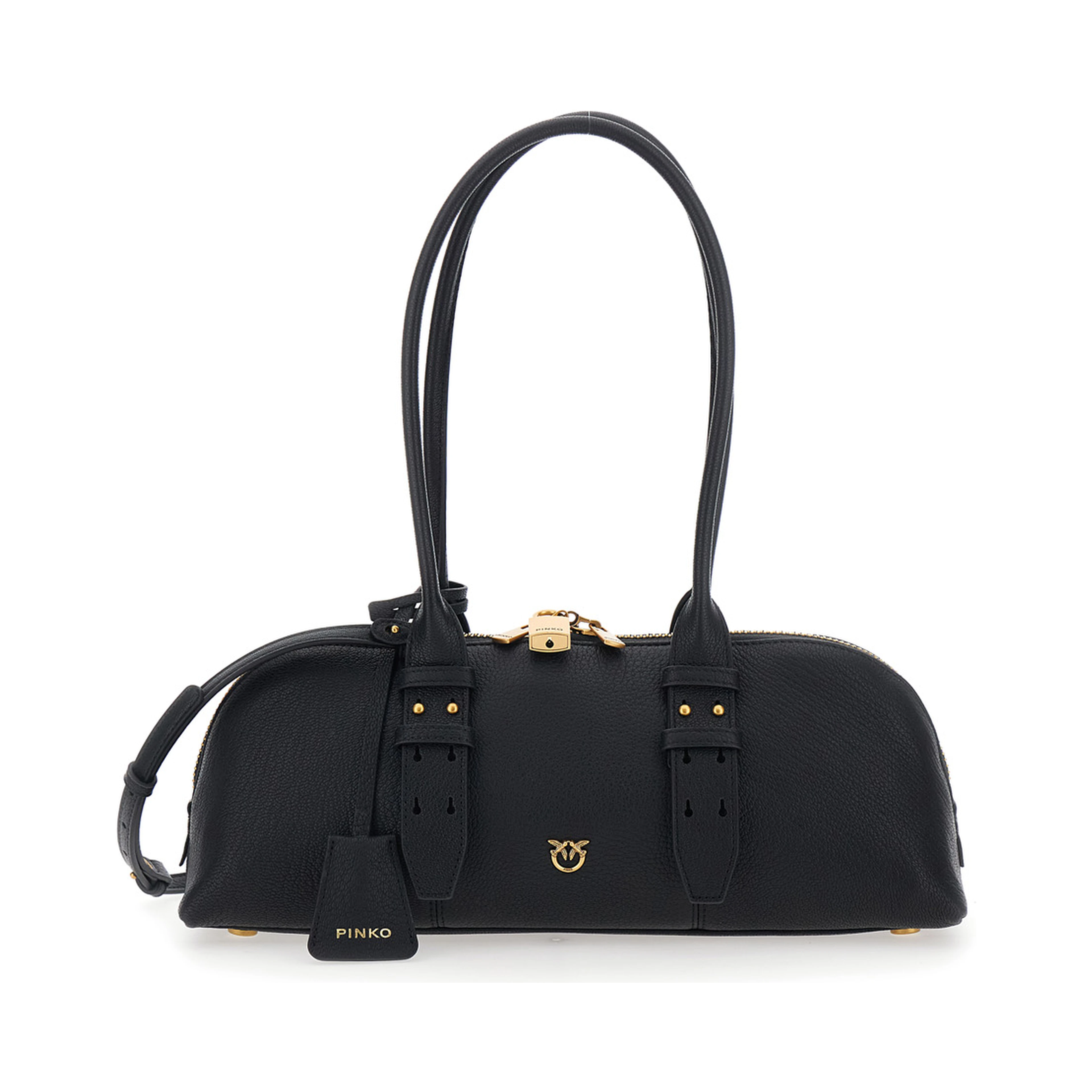 Bowling Horizontal Black handbag with adjustable and removable shoulder strap and Love Birds plate on the front in leather for women