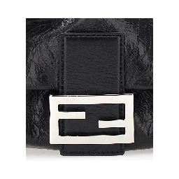 Baguette Black Shoulder bag with FF plate on the front and adjustable and removable strap in leather for women