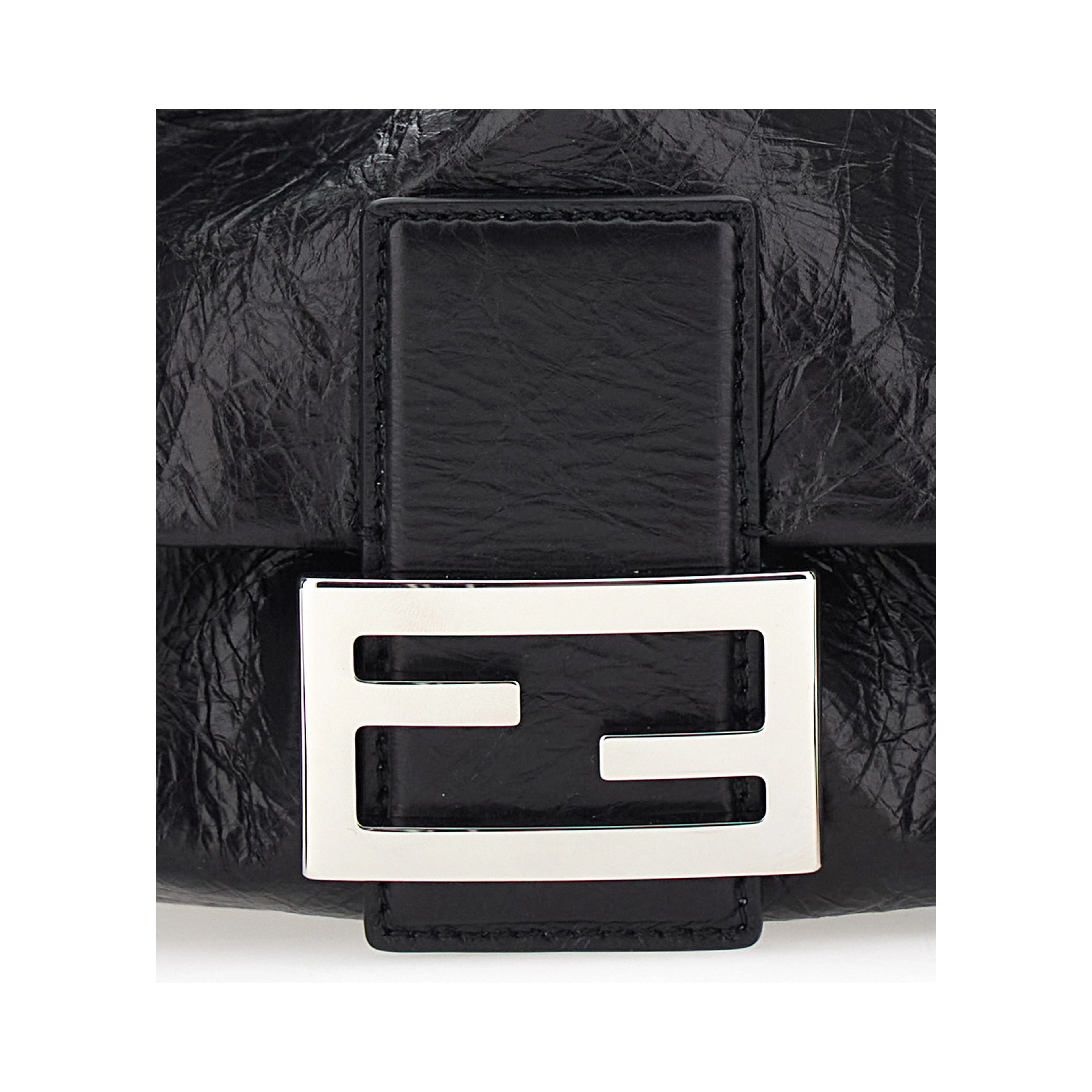 Baguette Black Shoulder bag with FF plate on the front and adjustable and removable strap in leather for women