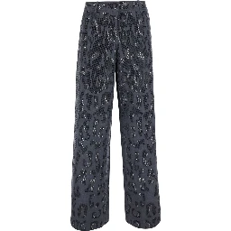 Gray Wide Leg Trousers with Leopard Motif and Rhinestones in Stretch Tech Fabric for Women