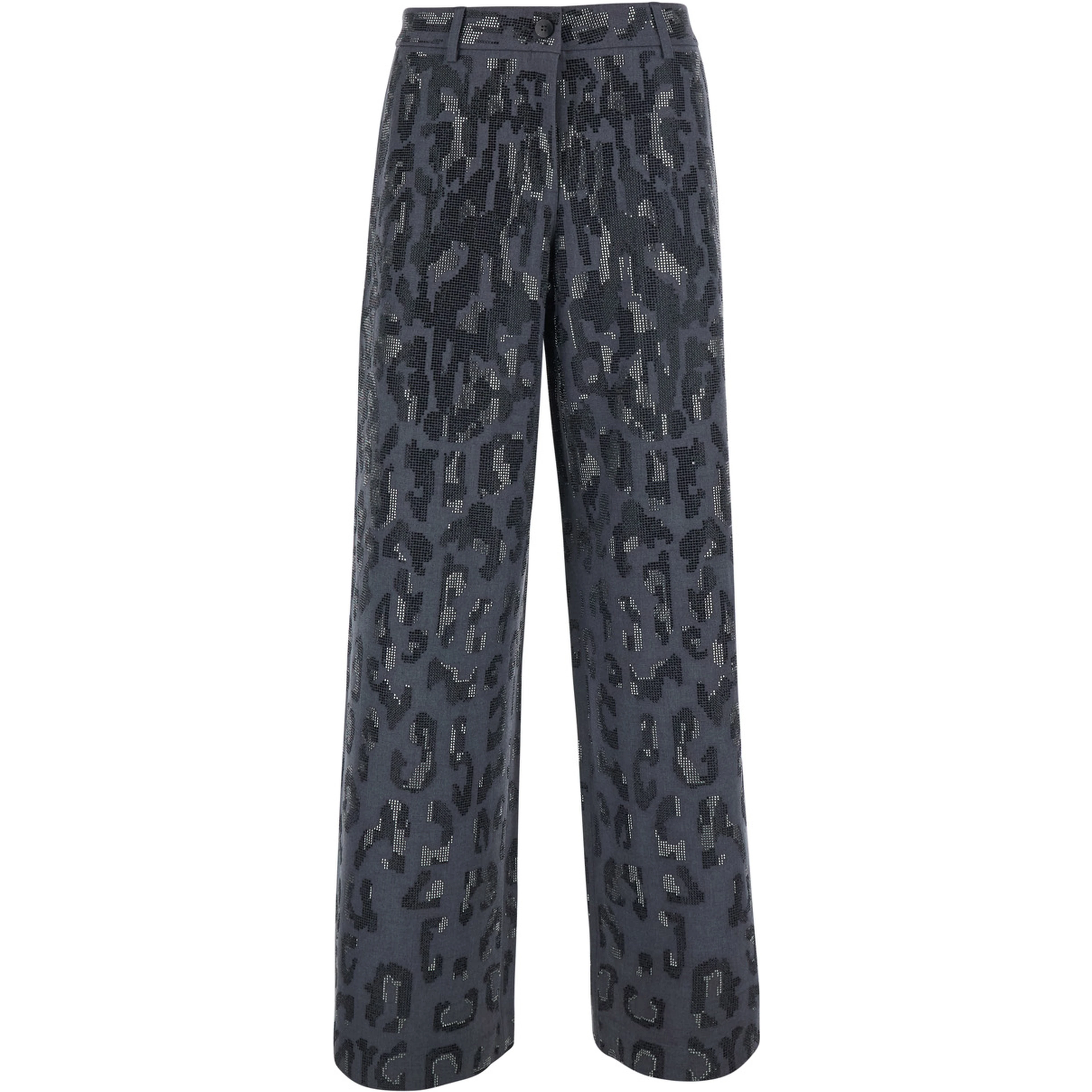 Gray Wide Leg Trousers with Leopard Motif and Rhinestones in Stretch Tech Fabric for Women