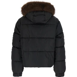 Godetia Brown Down jacket with hood with fur and quilted design in Tech Fabric Brown women