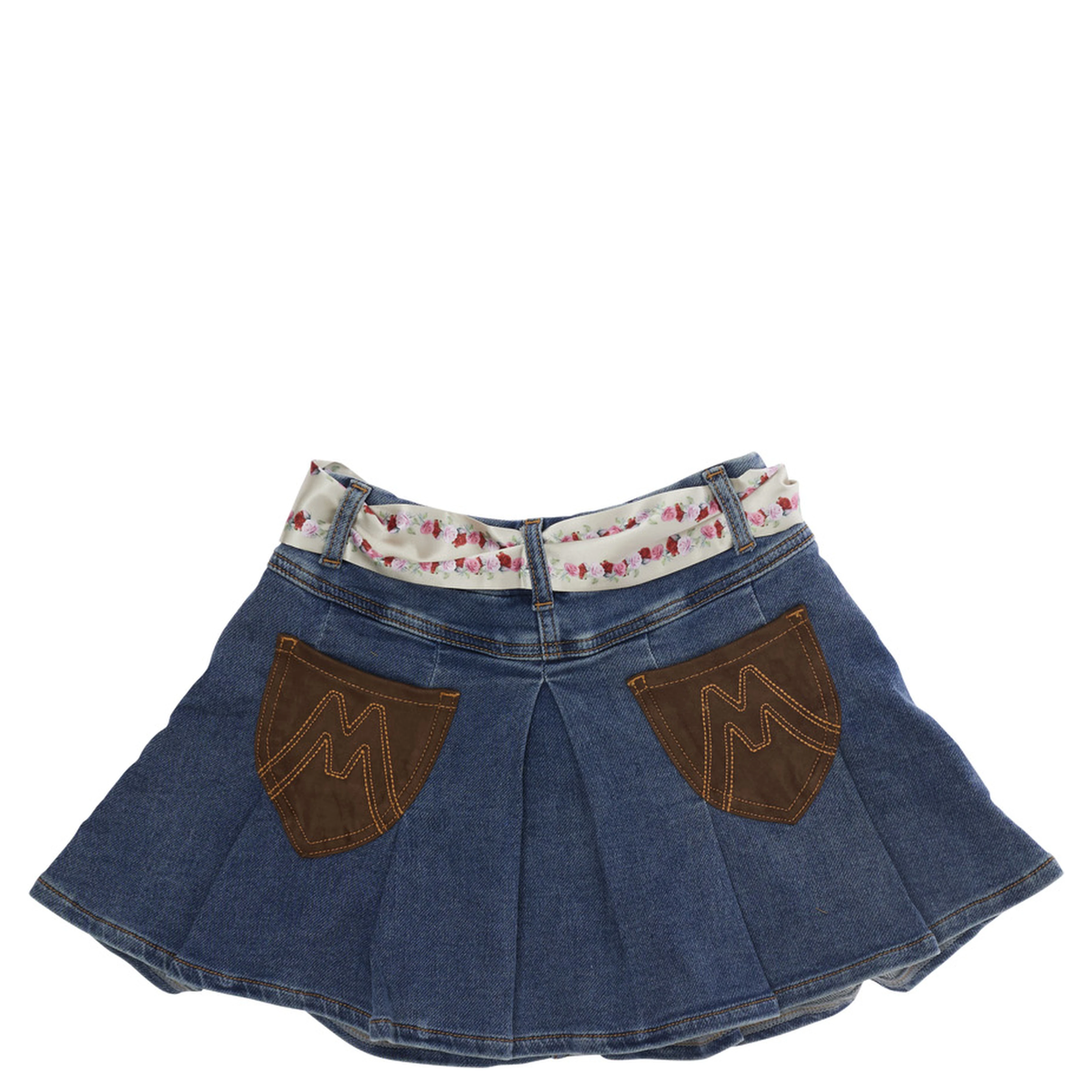 Blue Miniskirt with Fabric Belt and Logo Embroidery on the Back in Denim Girl