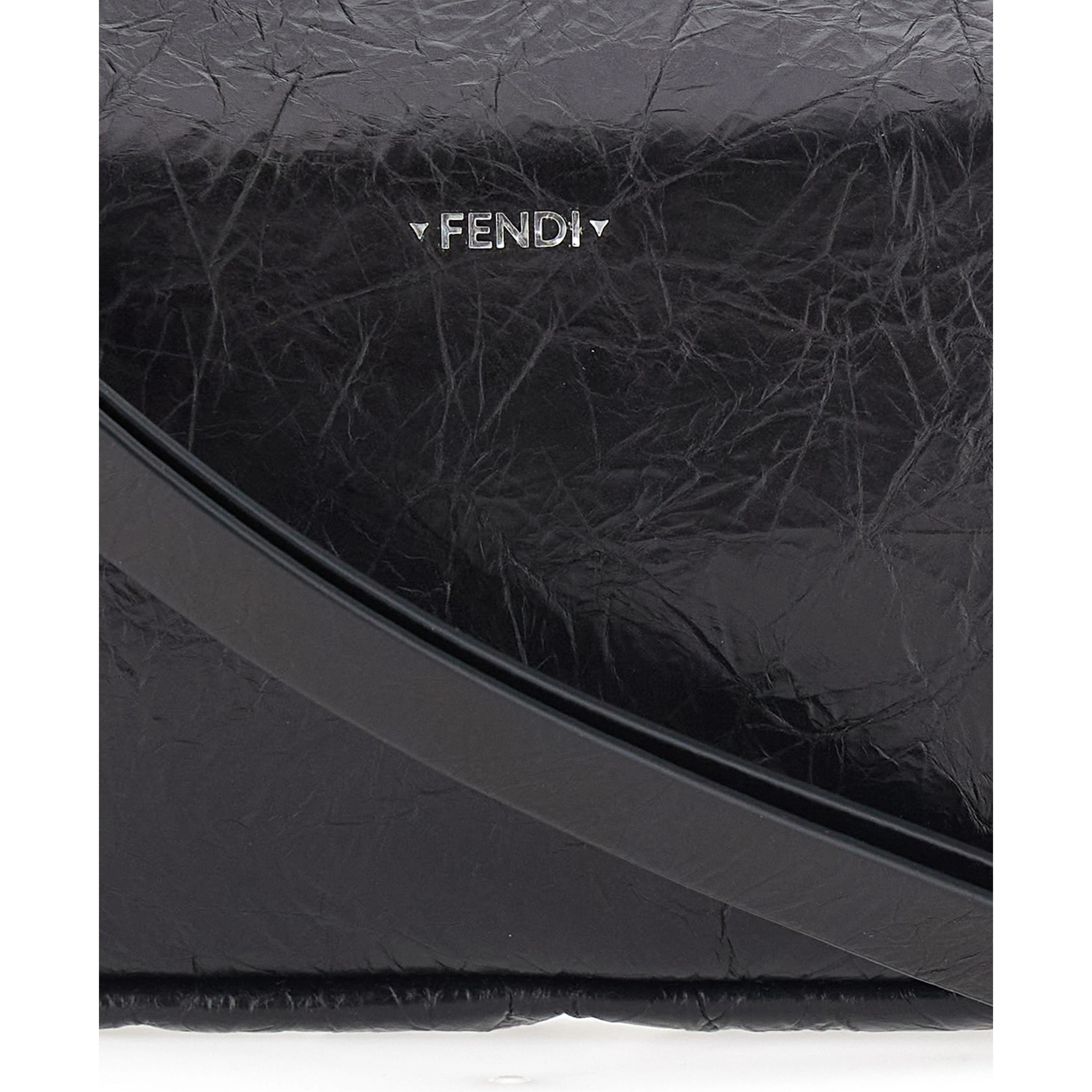 Zip Top Black Crossbody bag with adjustable and removable strap and FF logo on the front in leather for women