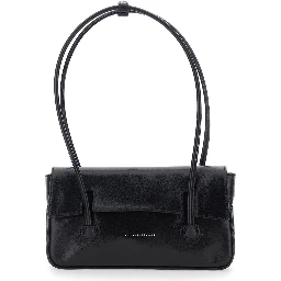 Shoulder Bag with Flap in Black Glossy Leather for Women