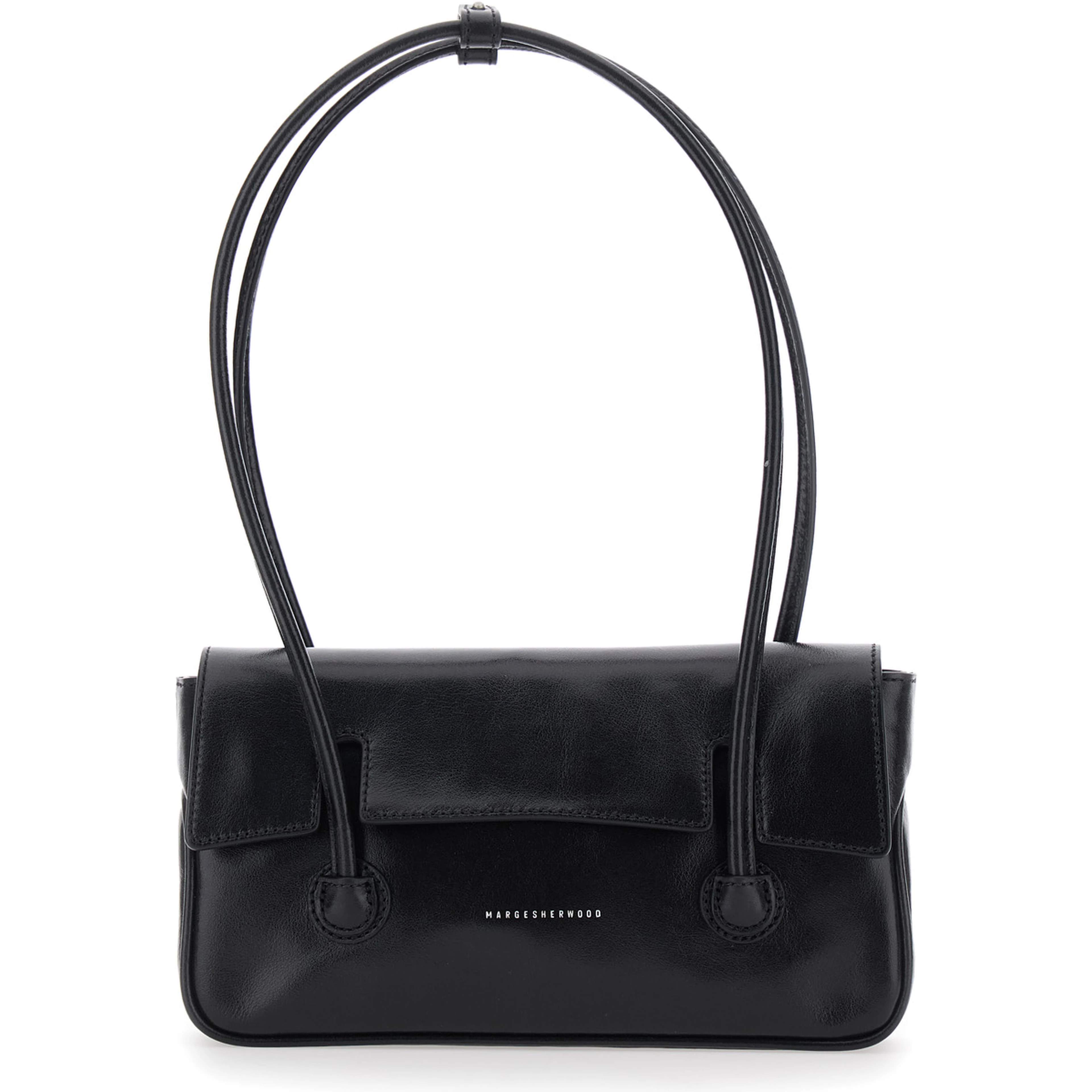Shoulder Bag with Flap in Black Glossy Leather for Women