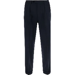 Blue Pants with Cuff Hem and Double Pleat on the Front in Wool Blend for Men