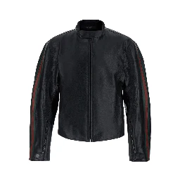 black Jacket with high collar and Web Stripe on the sleeves in leather for men