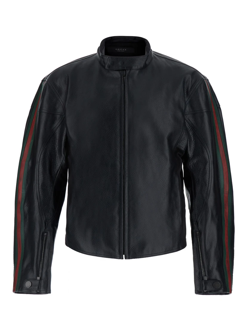 black Jacket with high collar and Web Stripe on the sleeves in leather for men