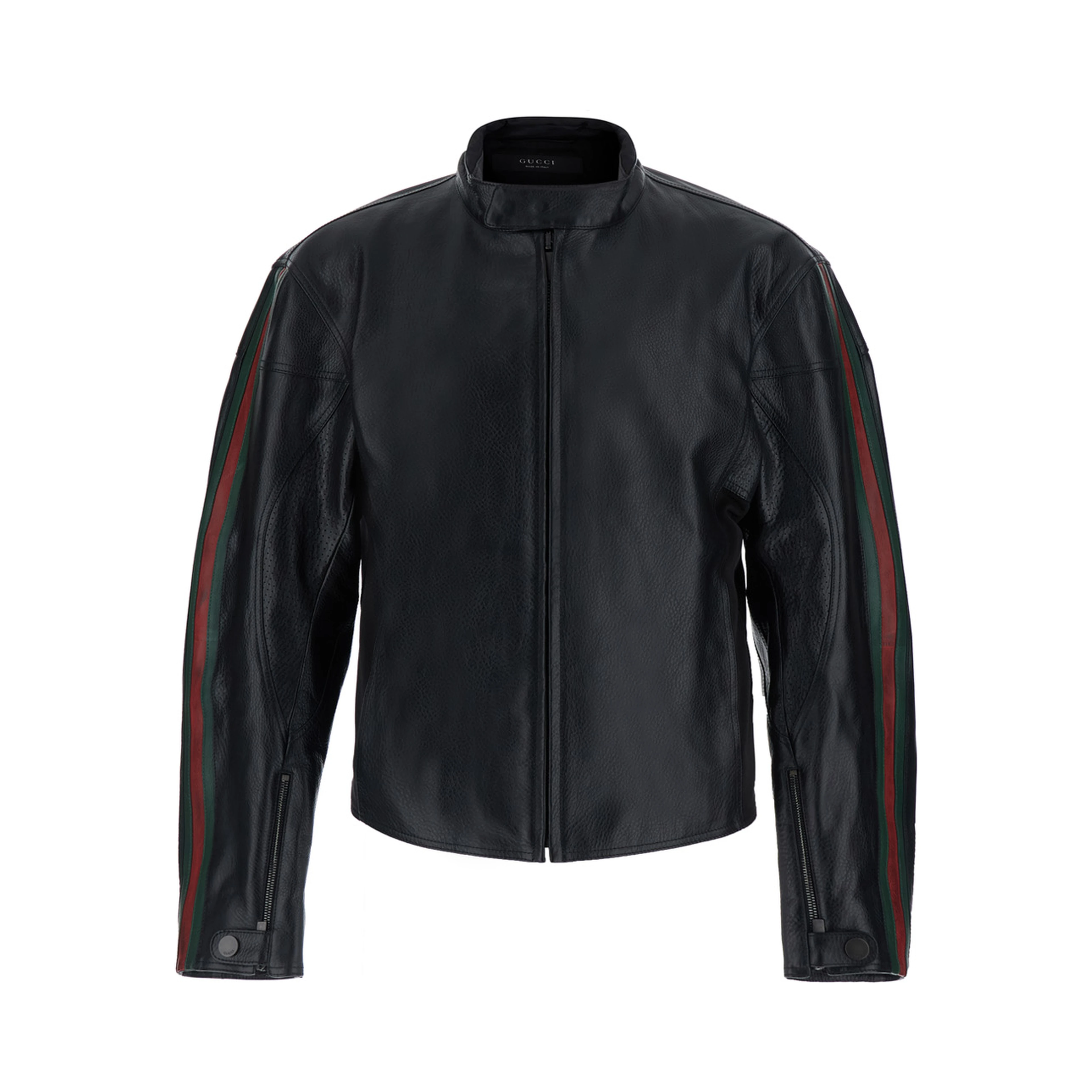 black Jacket with high collar and Web Stripe on the sleeves in leather for men