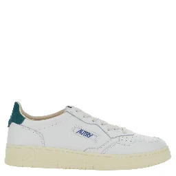 Medalist Low White and Petrol Blue Sneakers with Contrast Heel and Logo in leather for Men
