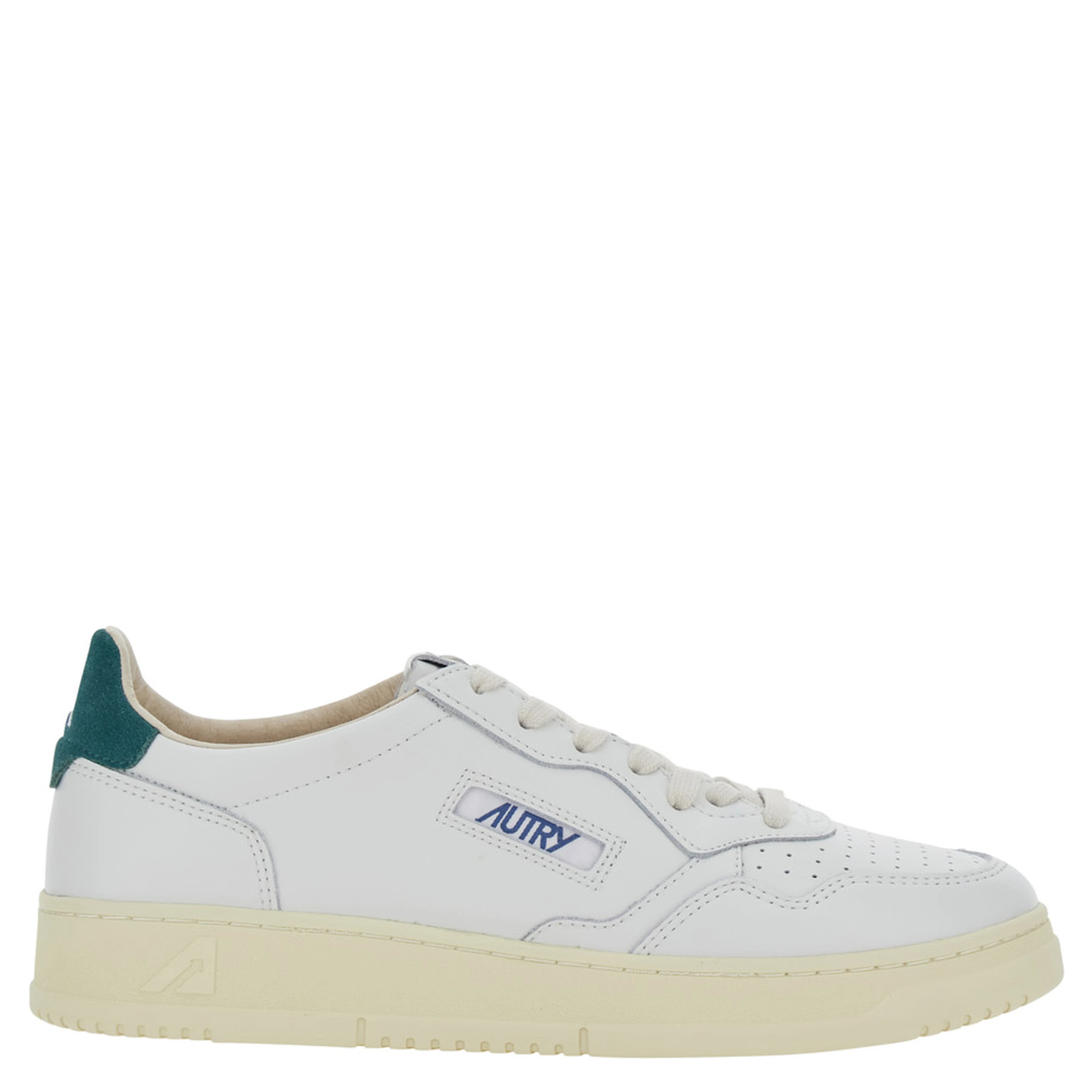 Medalist Low White and Petrol Blue Sneakers with Contrast Heel and Logo in leather for Men