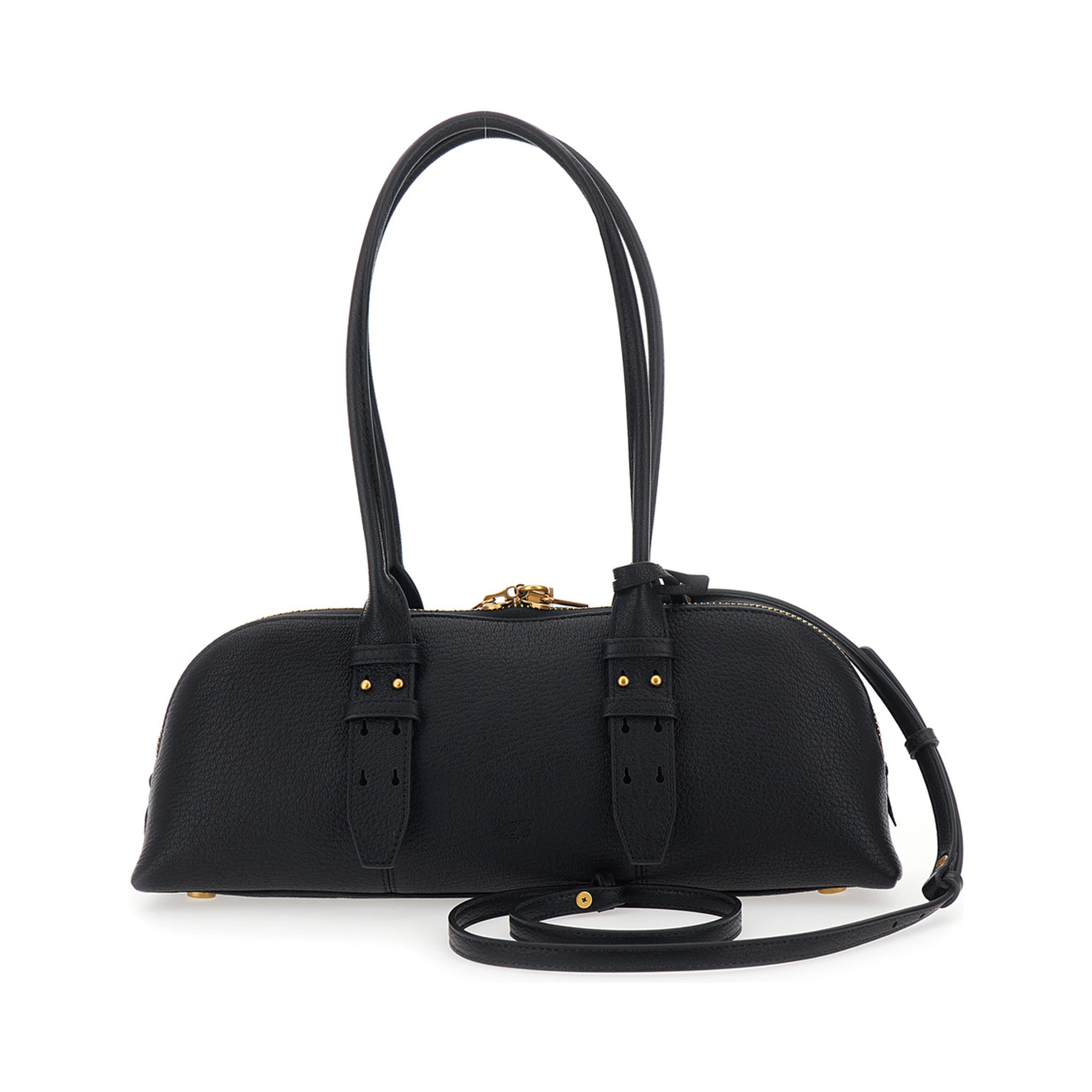Bowling Horizontal Black handbag with adjustable and removable shoulder strap and Love Birds plate on the front in leather for women