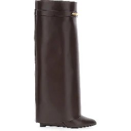 Pointed Toe Wedge Heels with Logo Plate on the Front in Brown Leather for Women