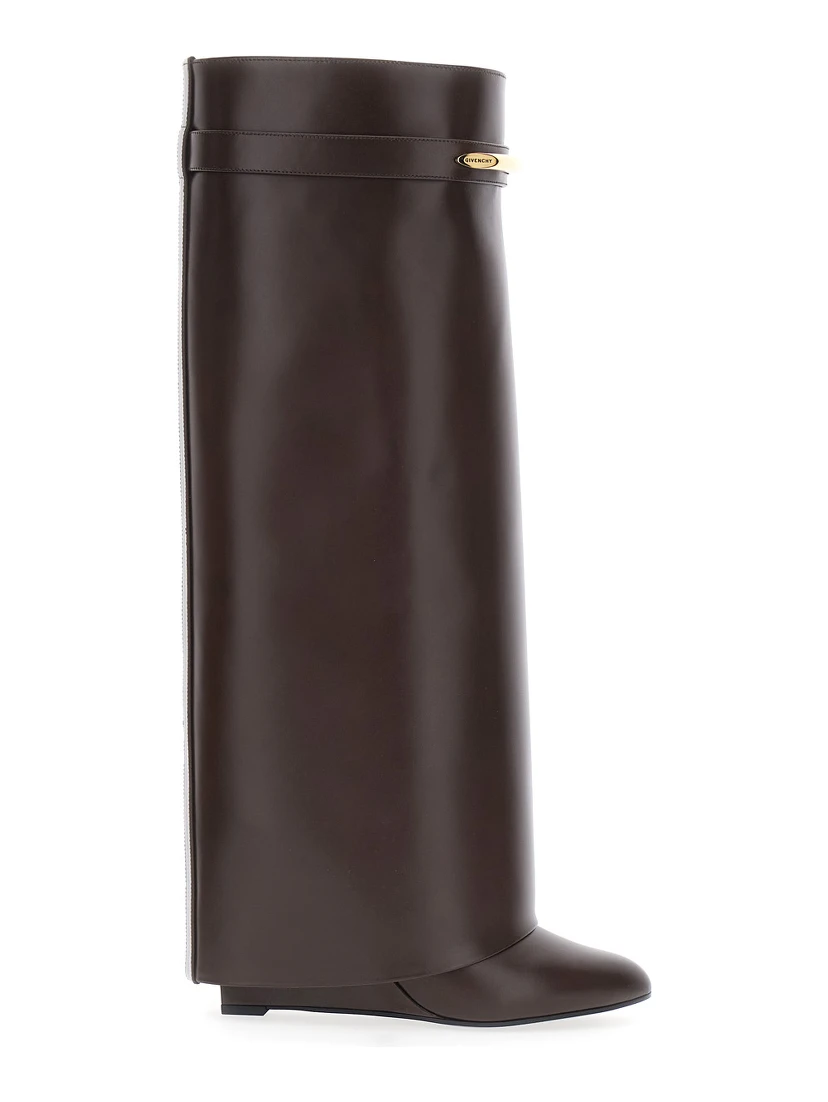 Pointed Toe Wedge Heels with Logo Plate on the Front in Brown Leather for Women