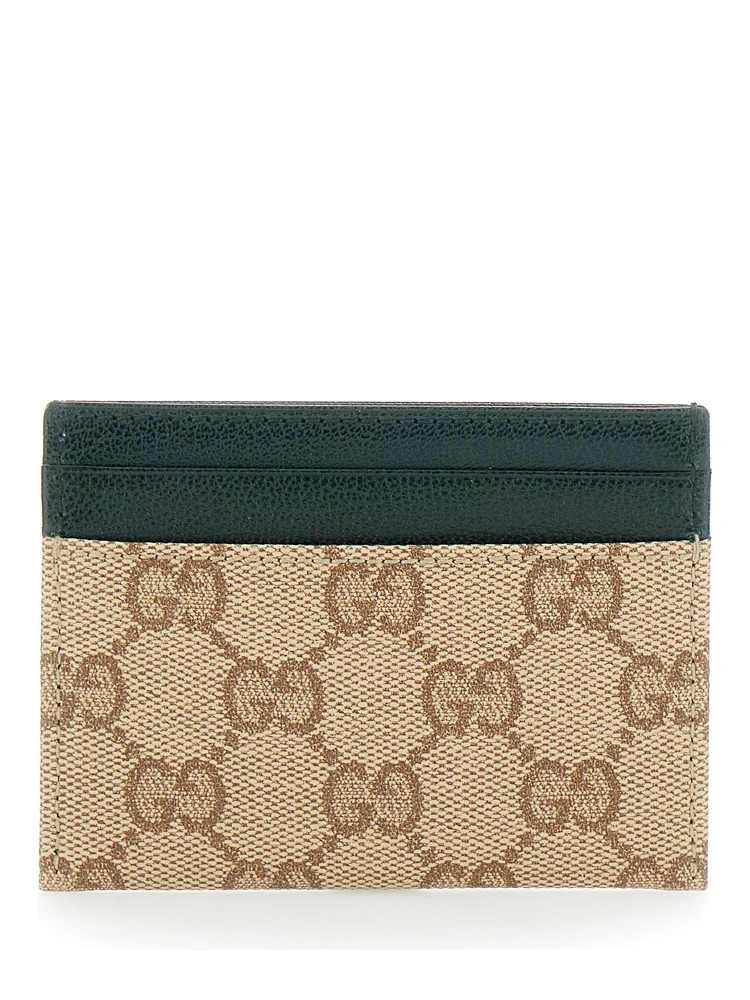 Beige Card holder with four card slots in GG canvas and leather for men